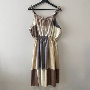 Handmade Plus Size Cotton Neutrals Brown Beige Patchwork Elastic Straps Dress